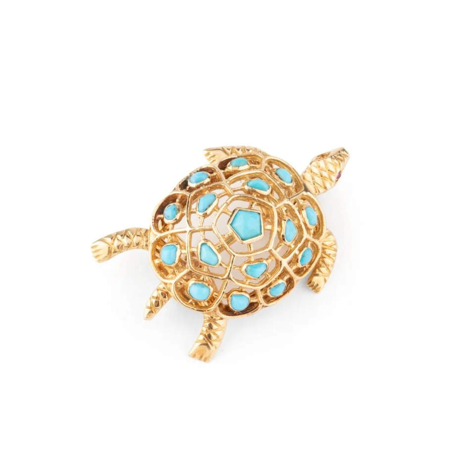 Broche Épingle BOUCHERON "Tortue" en or jaune et turquoises