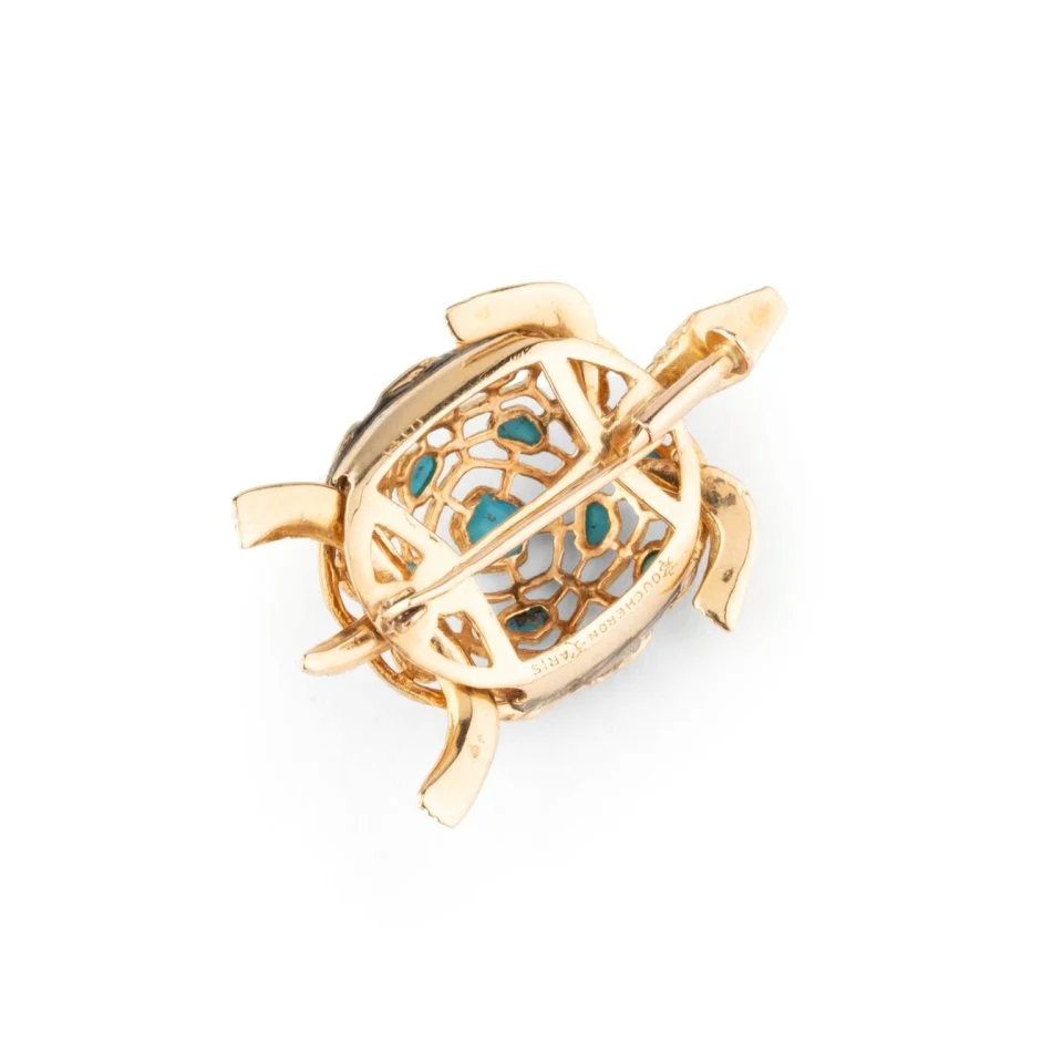 Broche Épingle BOUCHERON "Tortue" en or jaune et turquoises - Image 3