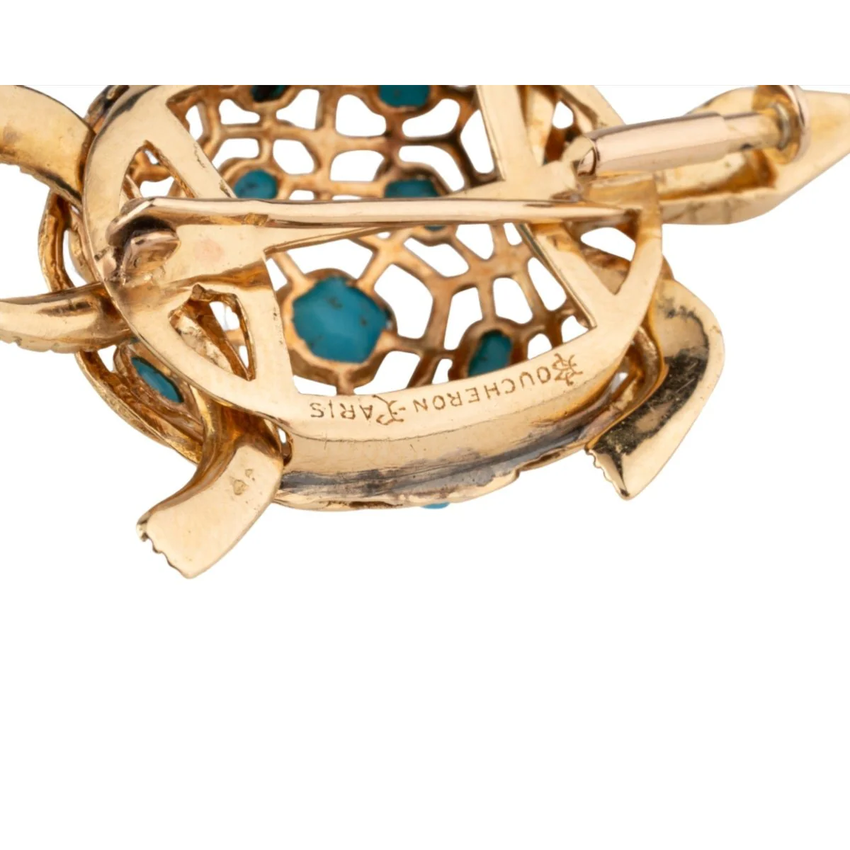 Broche Épingle BOUCHERON "Tortue" en or jaune et turquoises - Image 4