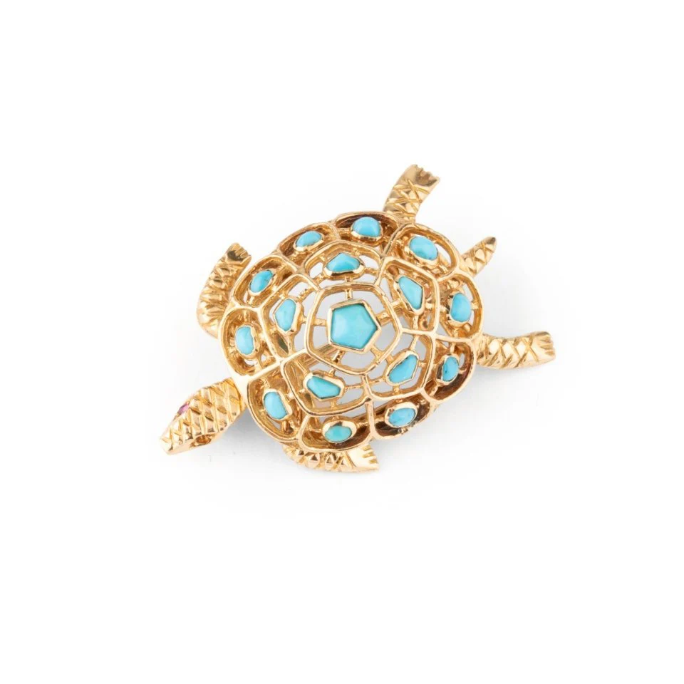 Broche Épingle BOUCHERON "Tortue" en or jaune et turquoises - Image 5