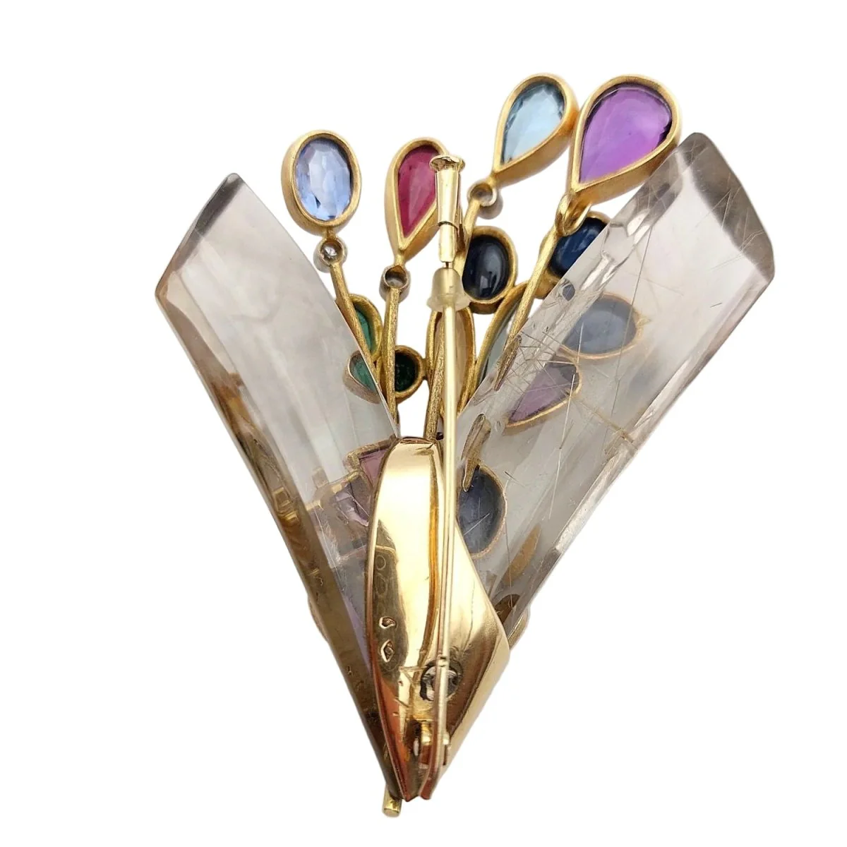 Broche Épingle en or blanc, or jaune, cristal de roche, émeraudes, saphirs, aigues-marines, citrines, améthystes et tourmalines - Image 4
