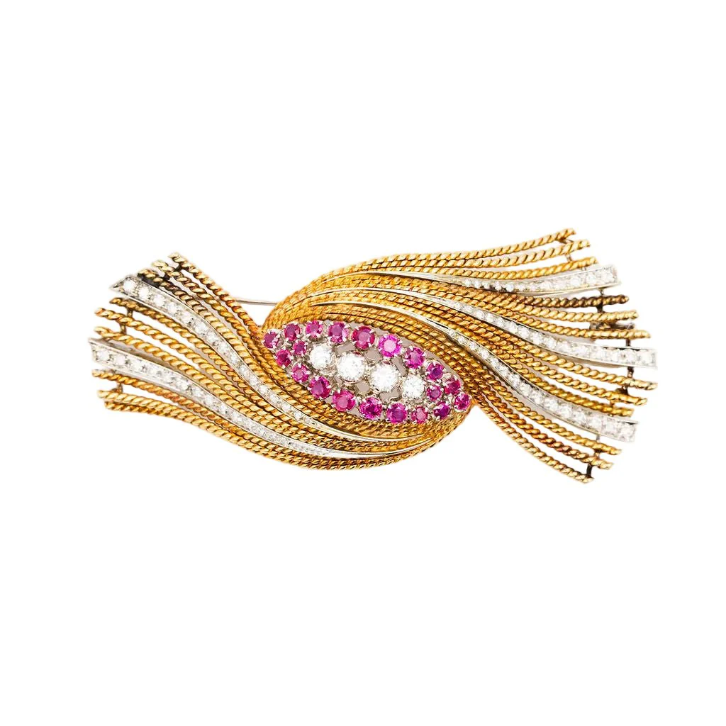 Broche Épingle en or blanc, or jaune, rubis et diamants