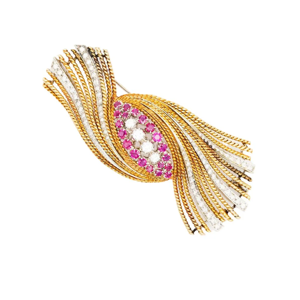 Broche Épingle en or blanc, or jaune, rubis et diamants - Image 3