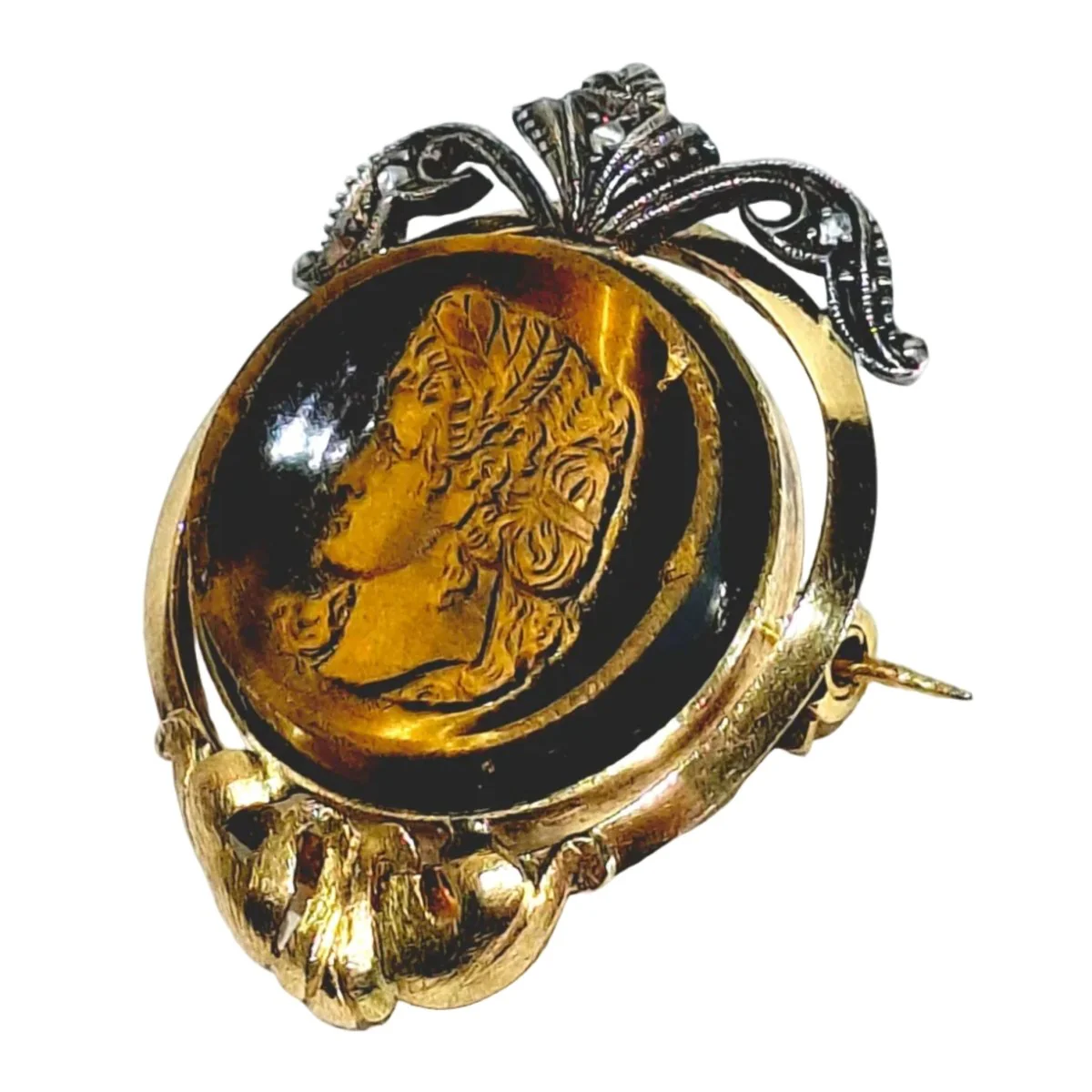 Broche Épingle en or blanc, or rose, oeil-de-tigre et diamants - Image 3