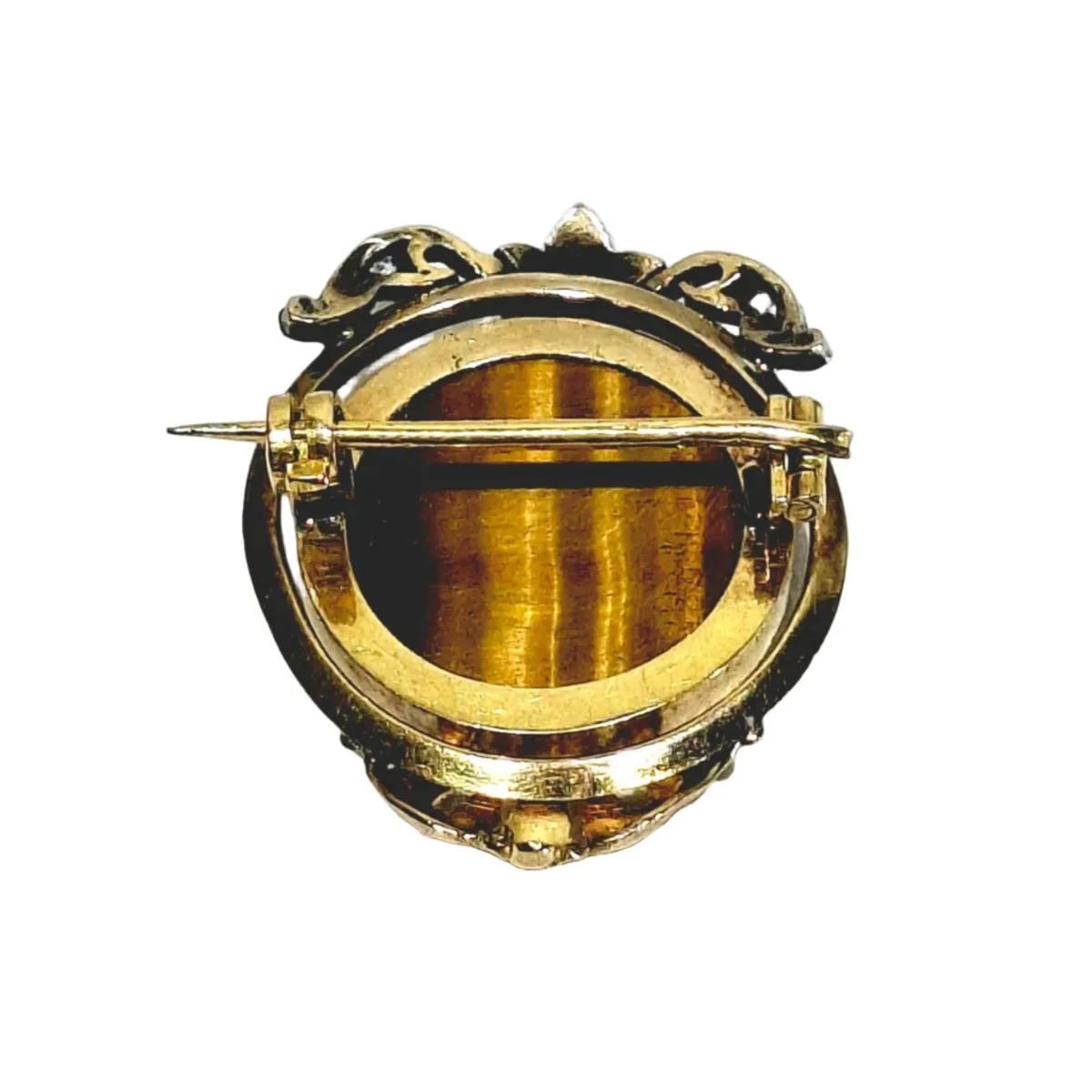 Broche Épingle en or blanc, or rose, oeil-de-tigre et diamants - Image 4