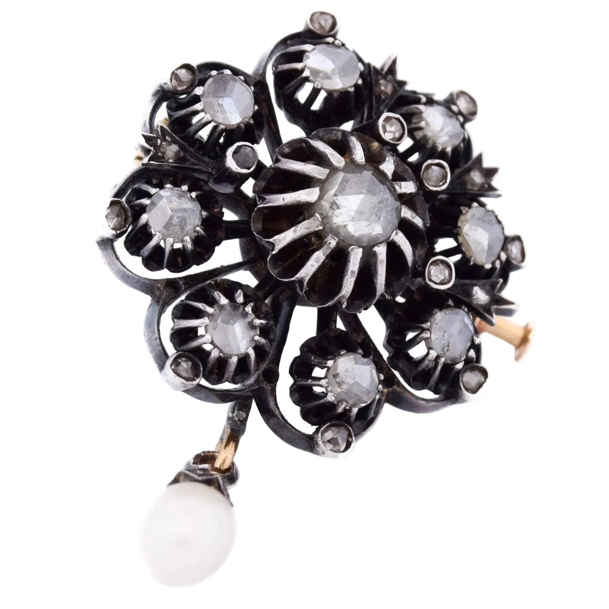 Broche Épingle en or jaune, argent, perle et diamants - Image 2