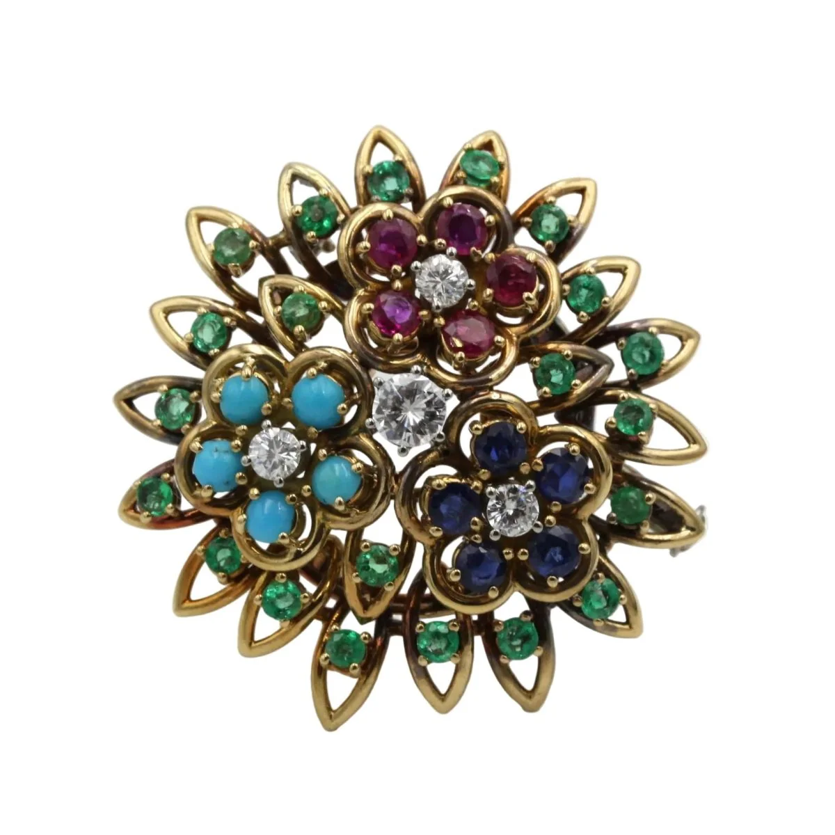 Broche Épingle en or jaune, rubis, émeraudes, saphirs et turquoises