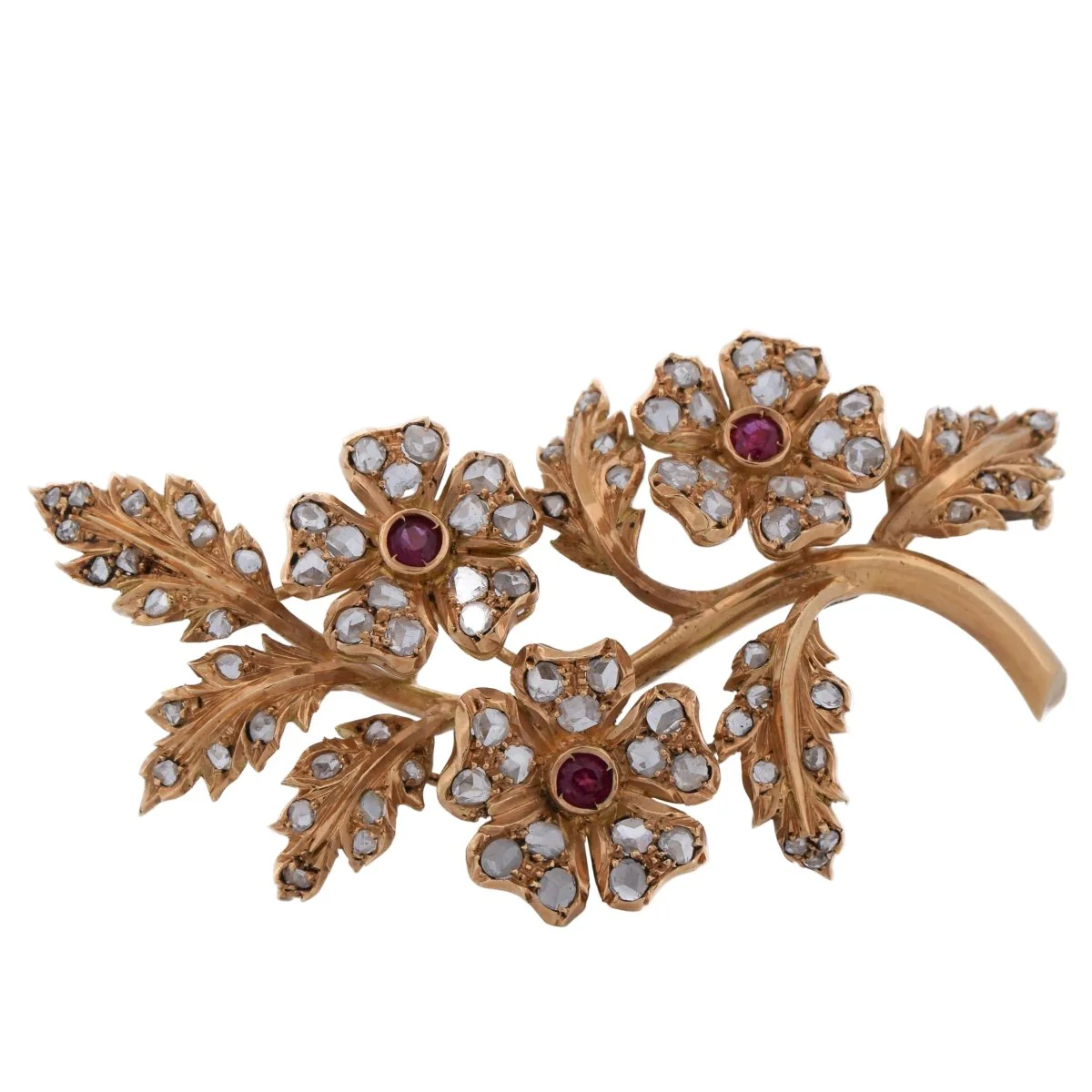 Broche Épingle en or jaune, rubis et diamants