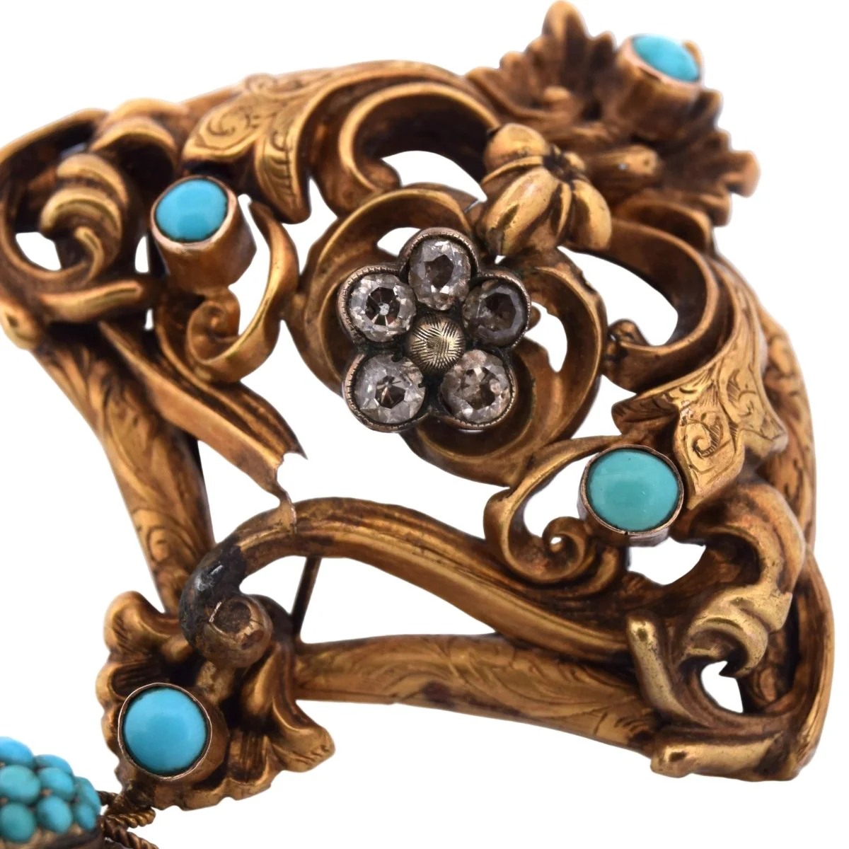Broche Épingle en or jaune, turquoise et diamants - Image 2