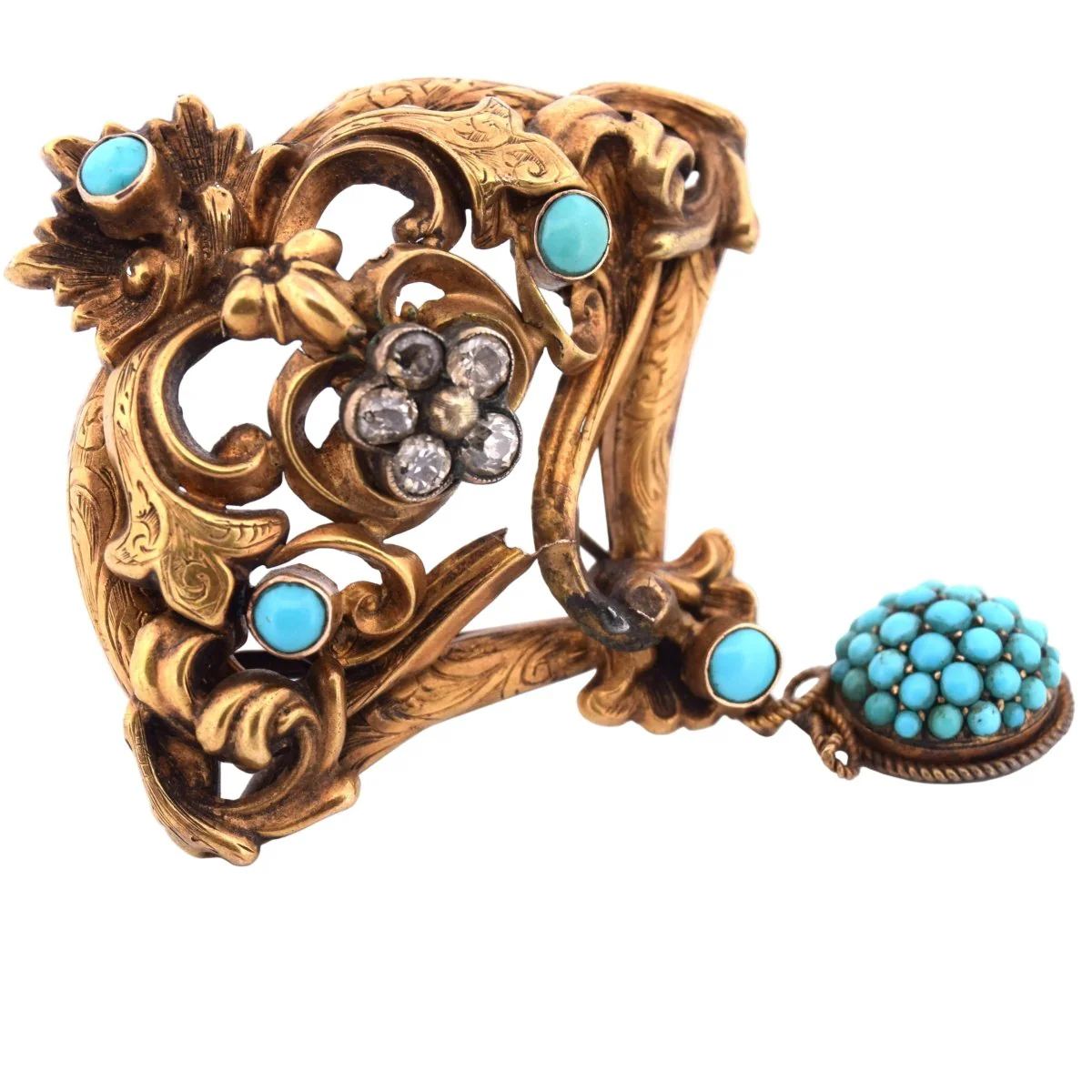 Broche Épingle en or jaune, turquoise et diamants - Image 3