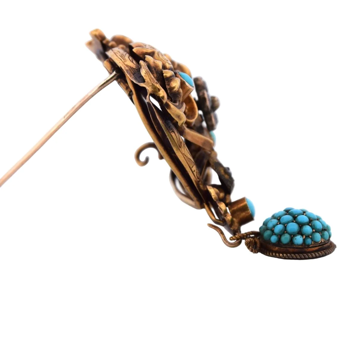 Broche Épingle en or jaune, turquoise et diamants - Image 4