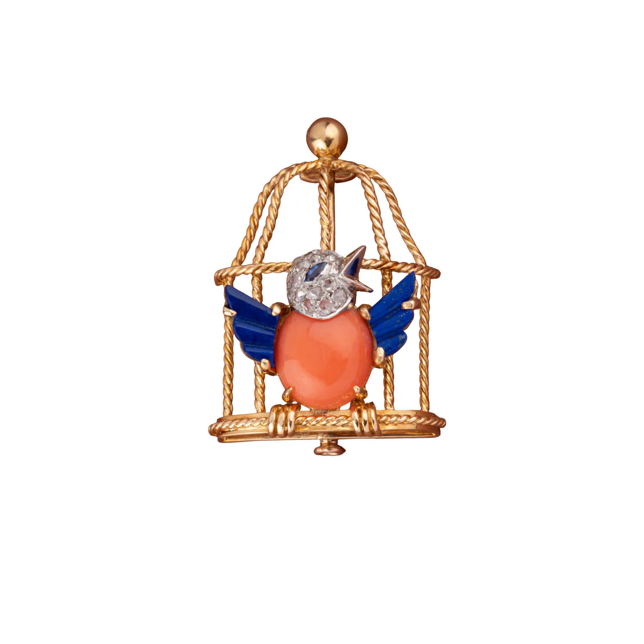 Broche Oiseau Libéré en or, corail, lapis lazuli, saphir et diamants