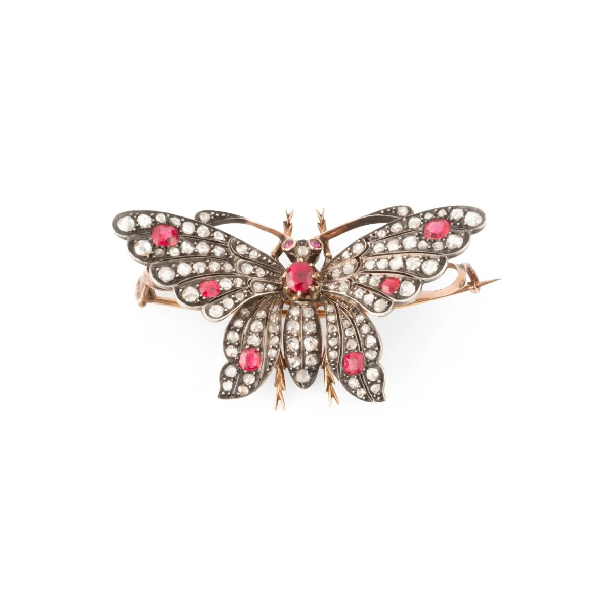 Broche Épingle "Papillon" en or jaune, argent, rubis, spinelles et diamants