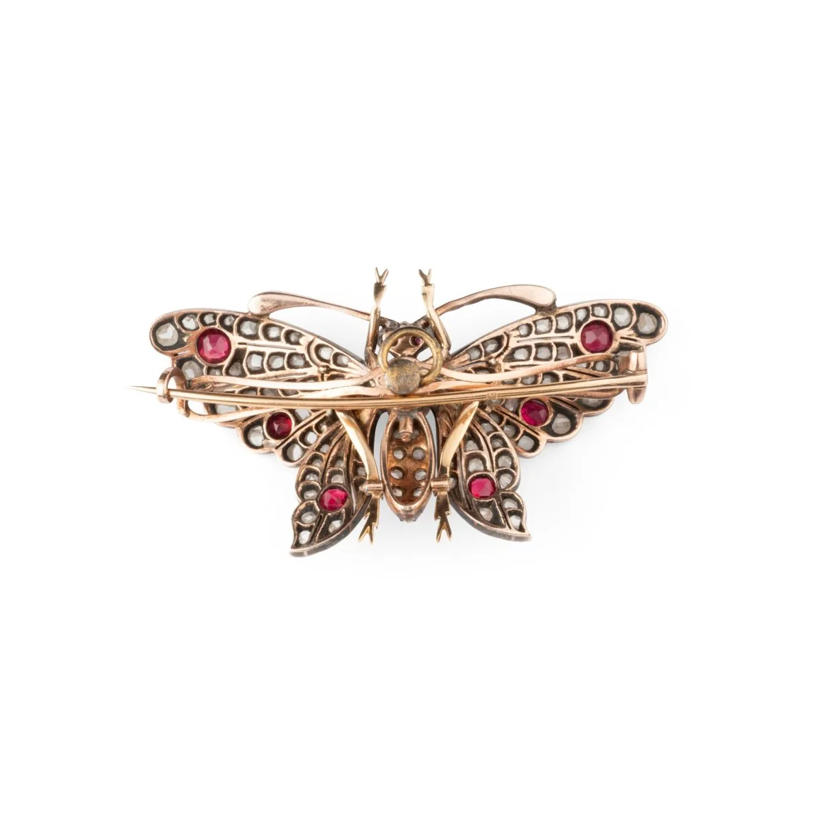 Broche Épingle "Papillon" en or jaune, argent, rubis, spinelles et diamants - Image 3