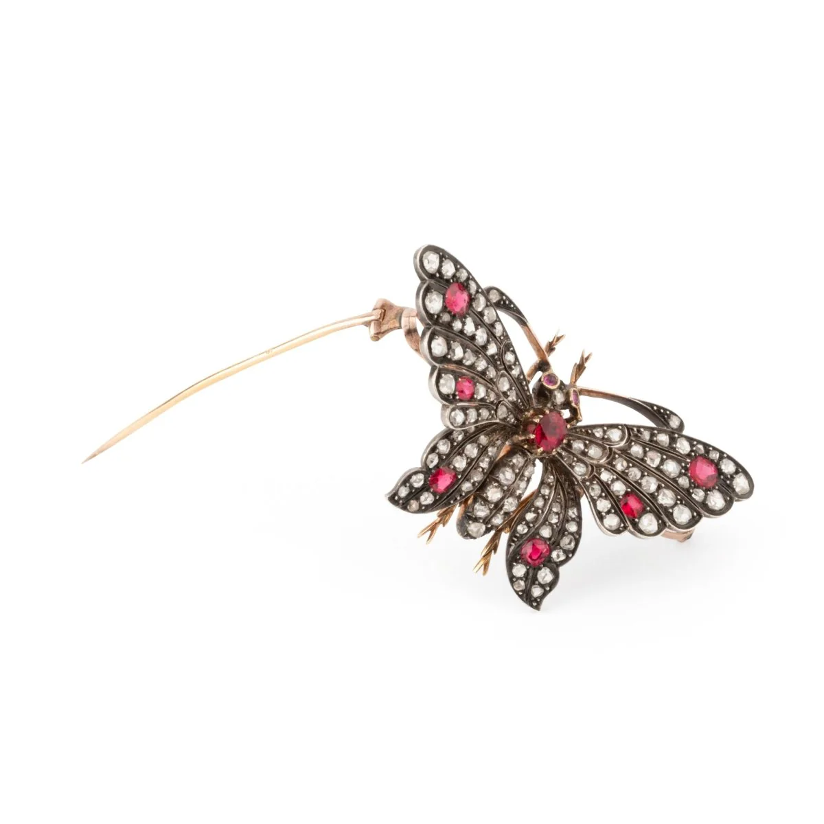 Broche Épingle "Papillon" en or jaune, argent, rubis, spinelles et diamants - Image 4
