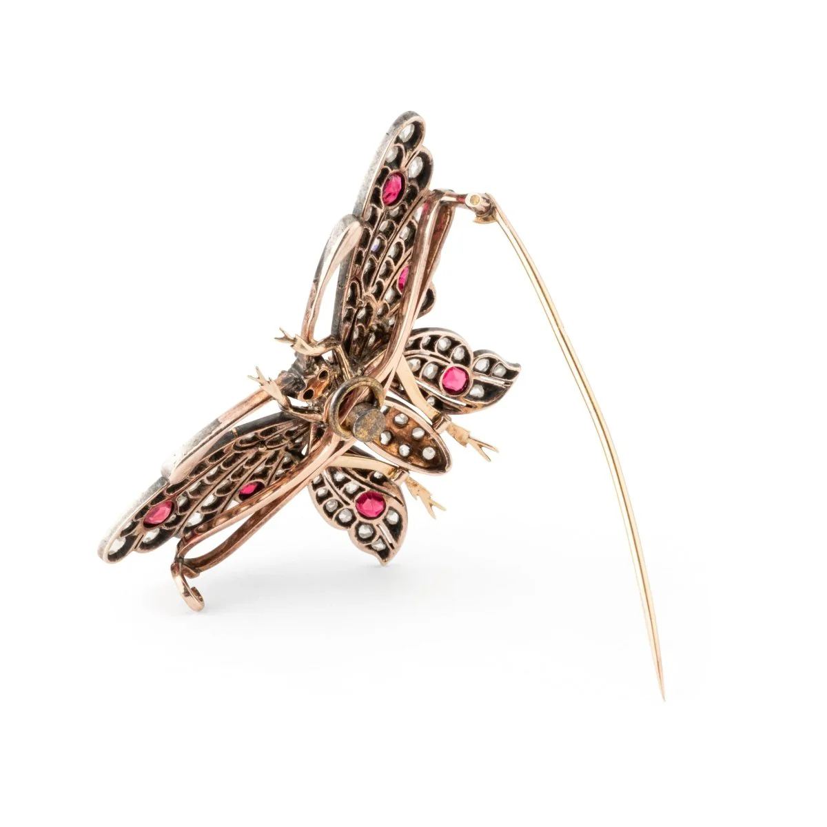 Broche Épingle "Papillon" en or jaune, argent, rubis, spinelles et diamants - Image 5