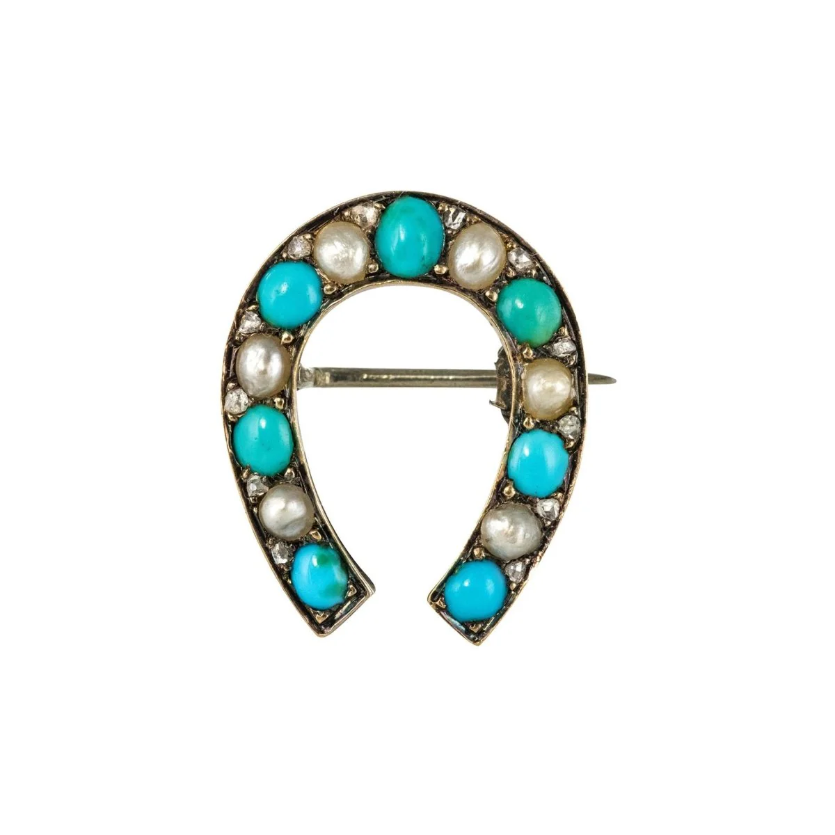 Broche Épingle en or jaune, argent, perles, turquoises et diamants