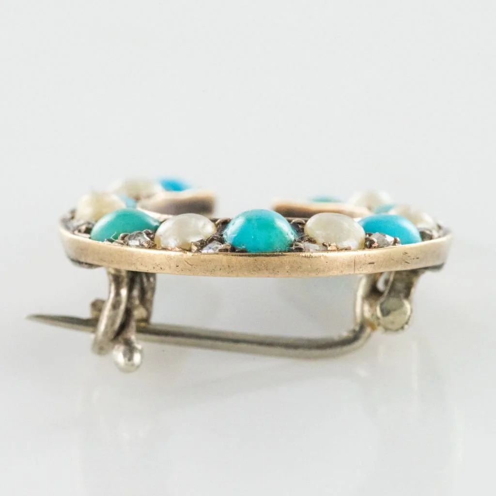 Broche Épingle en or jaune, argent, perles, turquoises et diamants - Image 4