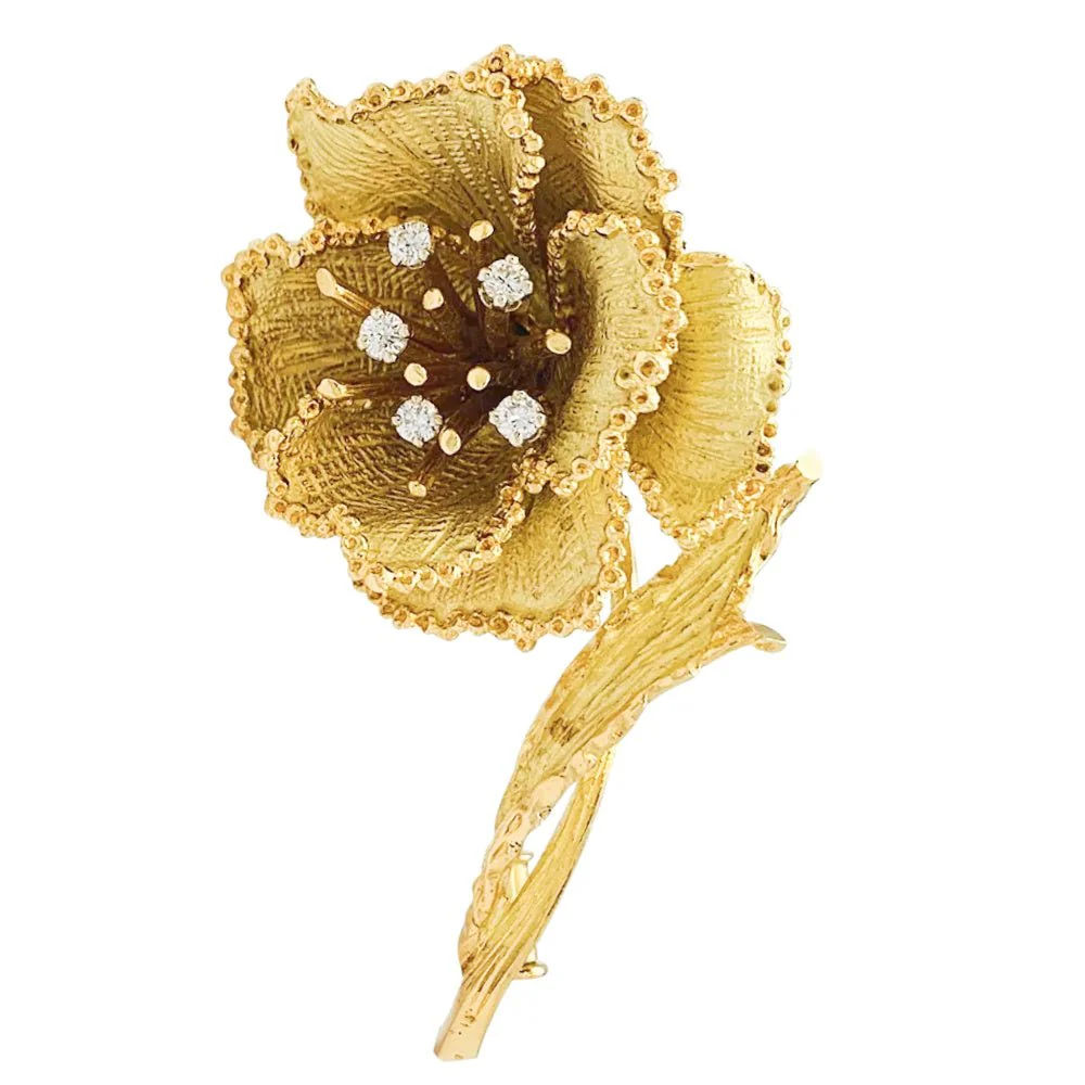 Broche fleur or jaune et diamants
