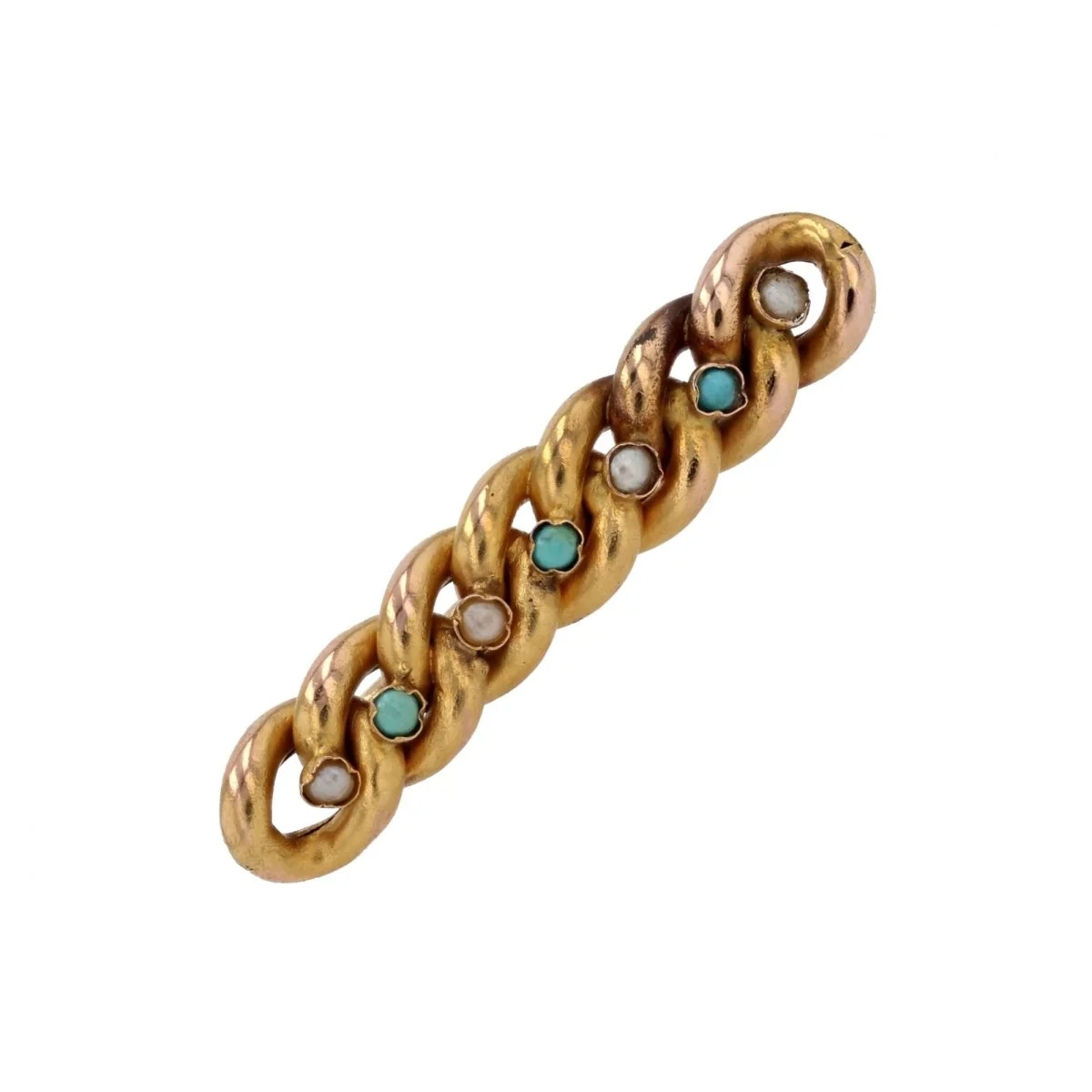 Broche Barrette en or jaune, perles et turquoise - Image 3