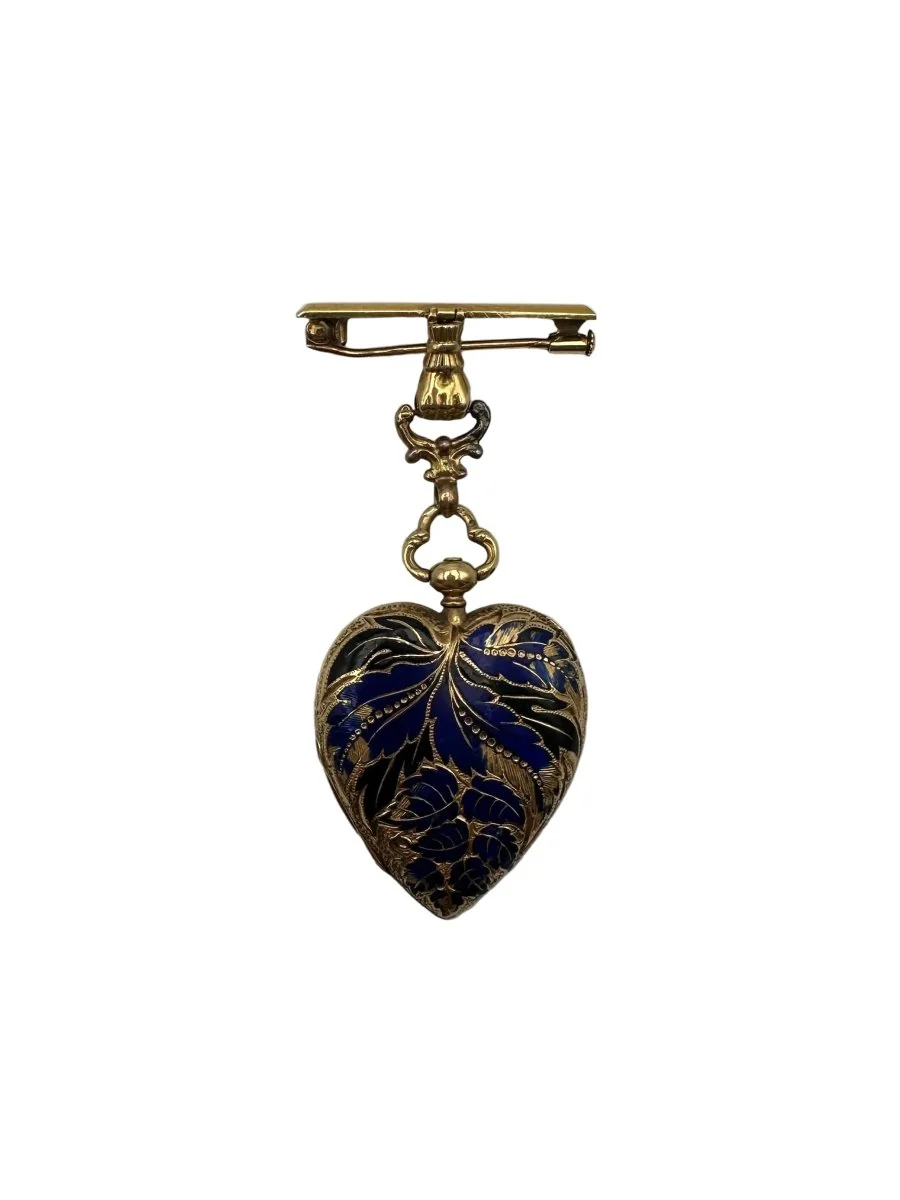 Broche Médaillon Coeur en Or Jaune, émail et Diamants
