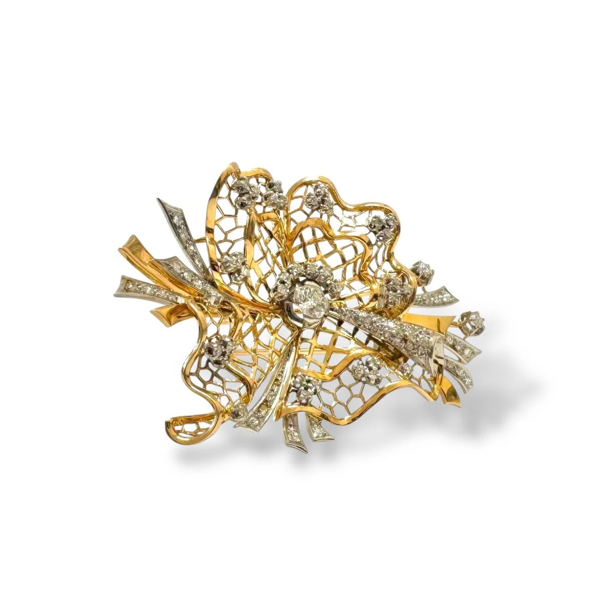 Broche noeud dentelle en or jaune-rosé et platine avec diamants - Image 3