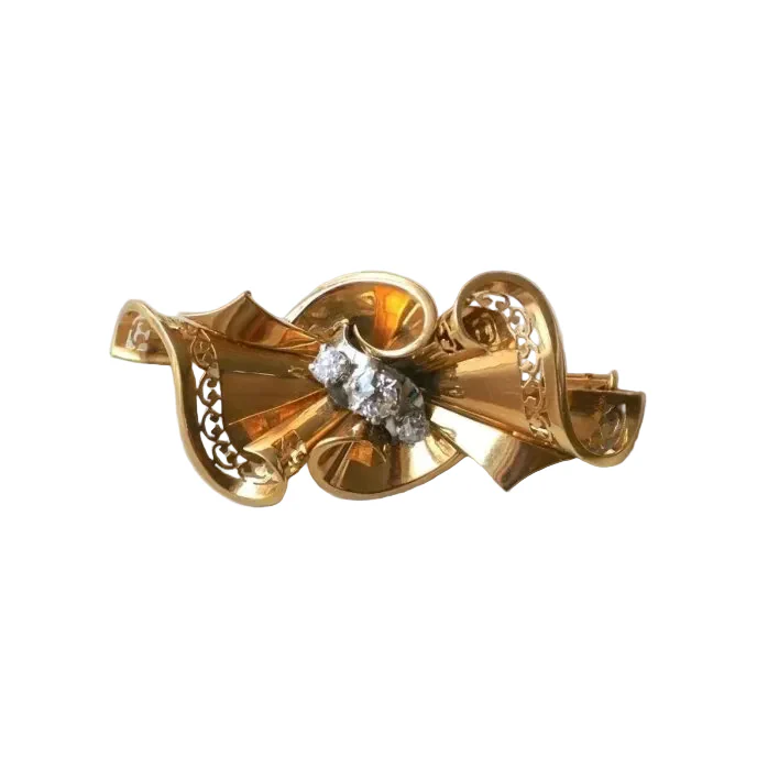 Broche Noeud Années 50 Diamants Or Rose