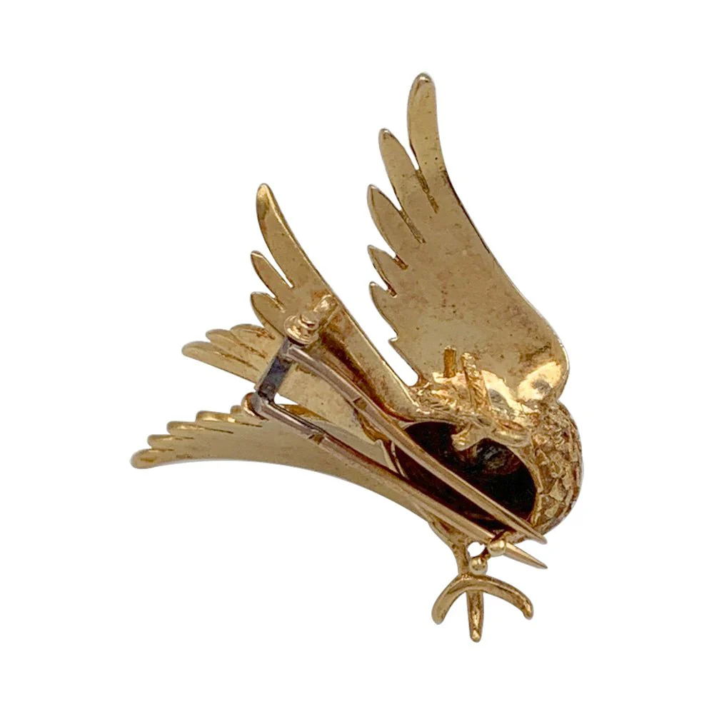 Broche oiseau en or jaune, rubis, perle - Image 6