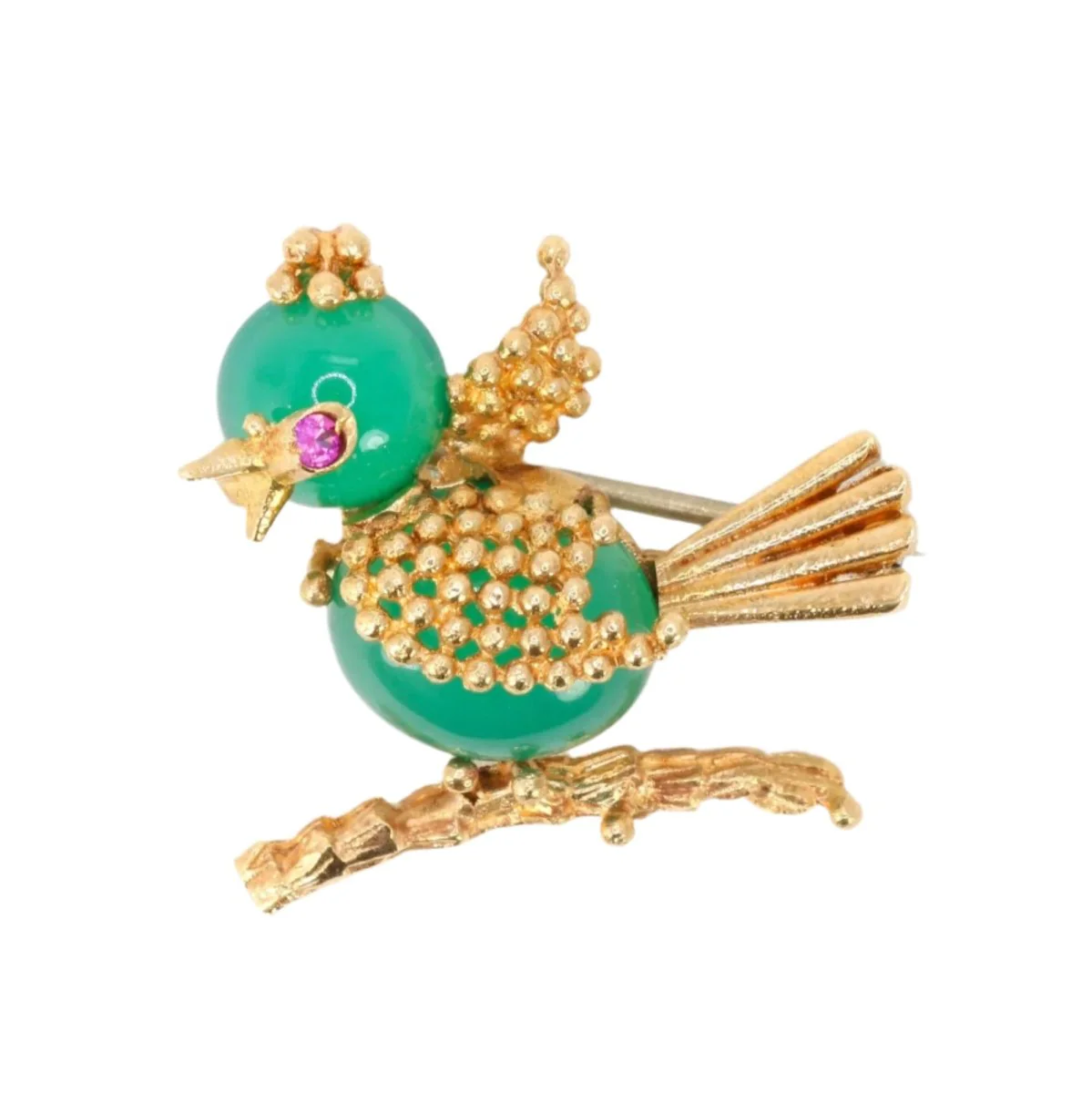 Broche oiseau vintage or jaune chrysoprase rubis