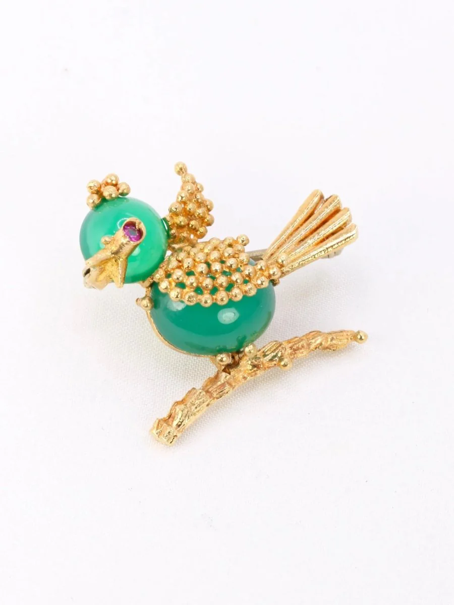 Broche oiseau vintage or jaune chrysoprase rubis - Image 3