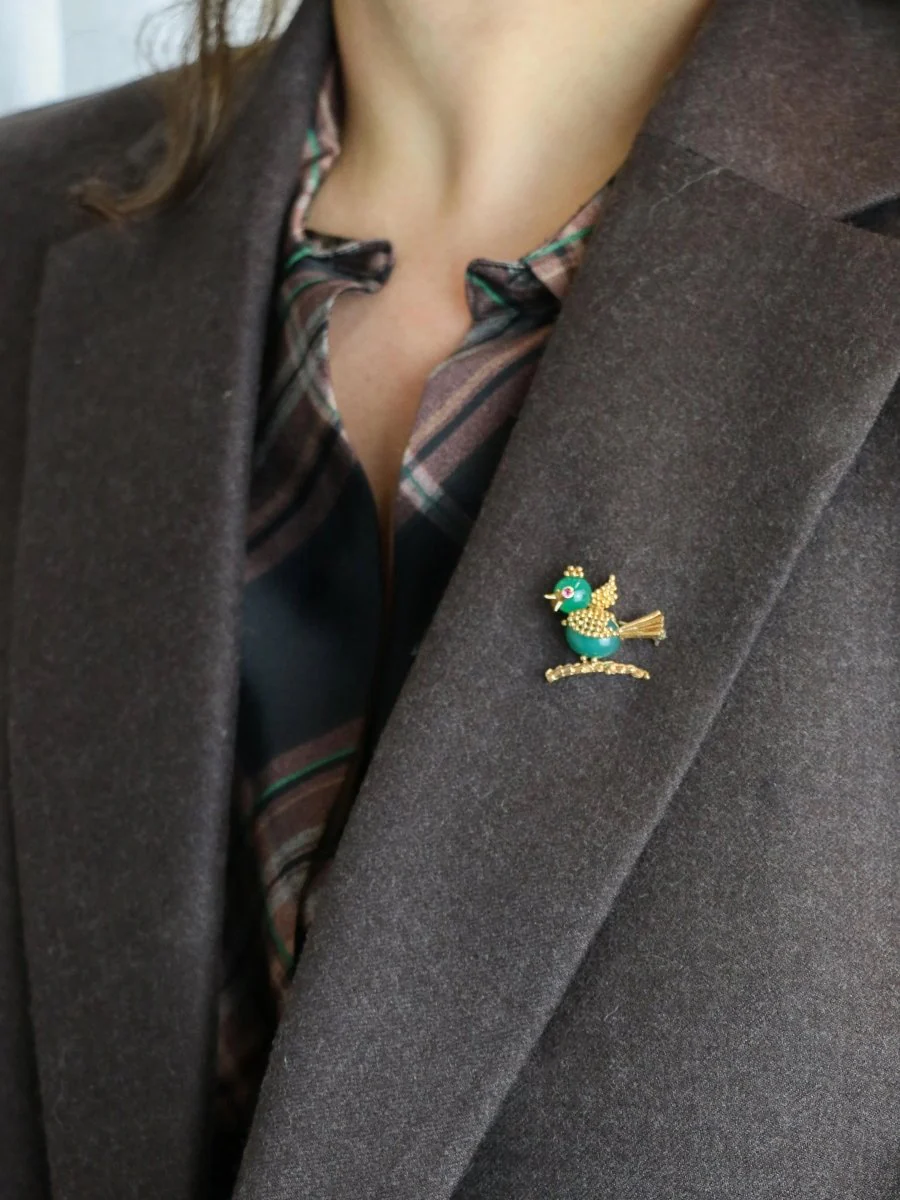 Broche oiseau vintage or jaune chrysoprase rubis - Image 5