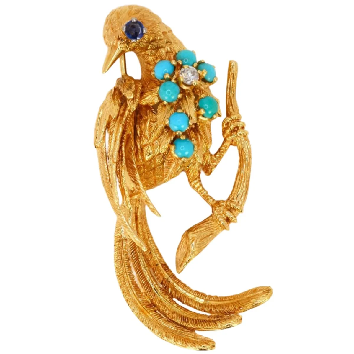 Broche oiseau vintage or jaune saphir turquoise diamant
