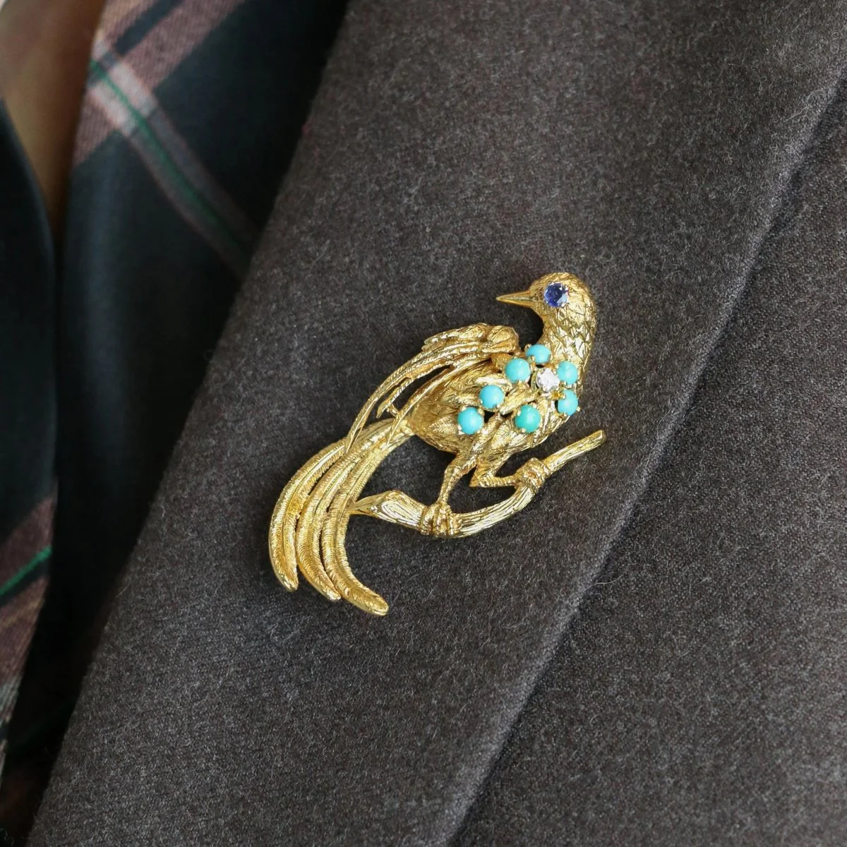 Broche oiseau vintage or jaune saphir turquoise diamant - Image 2