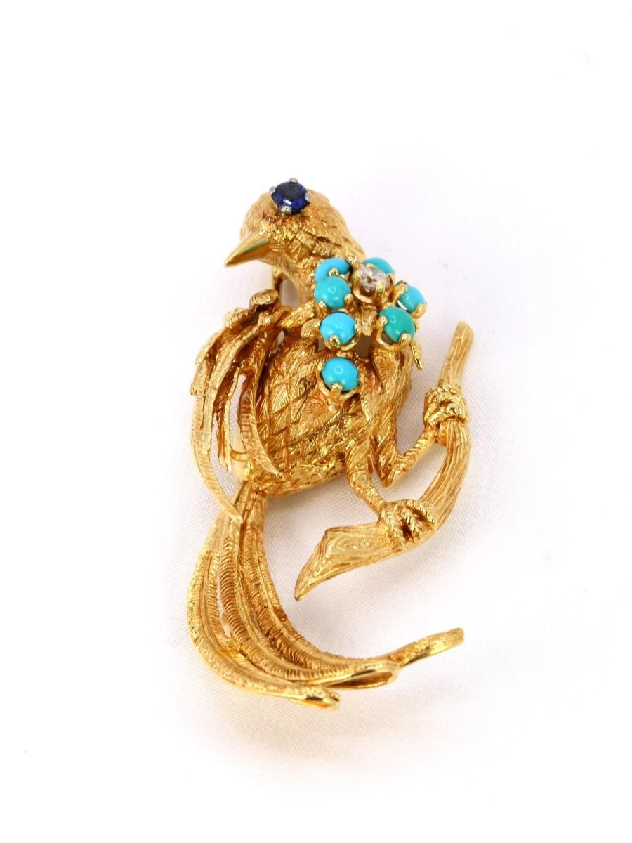 Broche oiseau vintage or jaune saphir turquoise diamant - Image 4