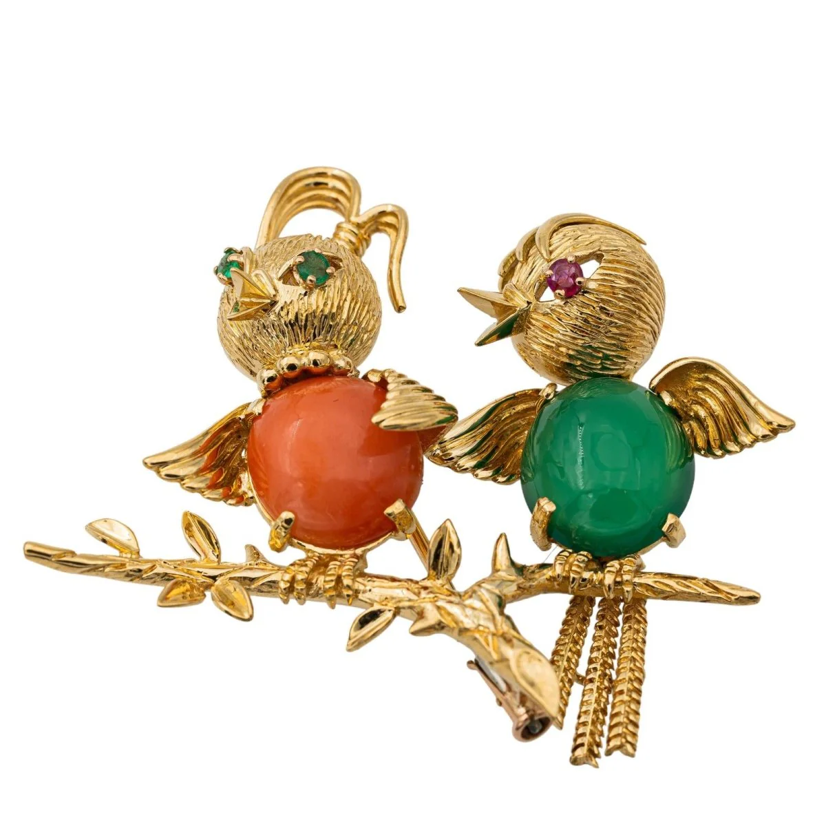 Broche Épingle Oiseaux en or jaune, émeraude, rubis, chrysoprase et corail