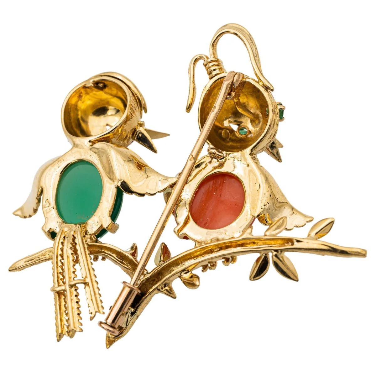 Broche Épingle Oiseaux en or jaune, émeraude, rubis, chrysoprase et corail - Image 3