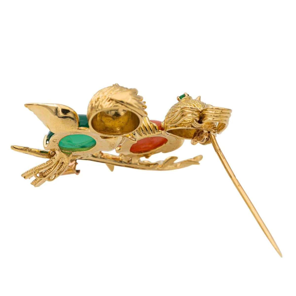 Broche Épingle Oiseaux en or jaune, émeraude, rubis, chrysoprase et corail - Image 4