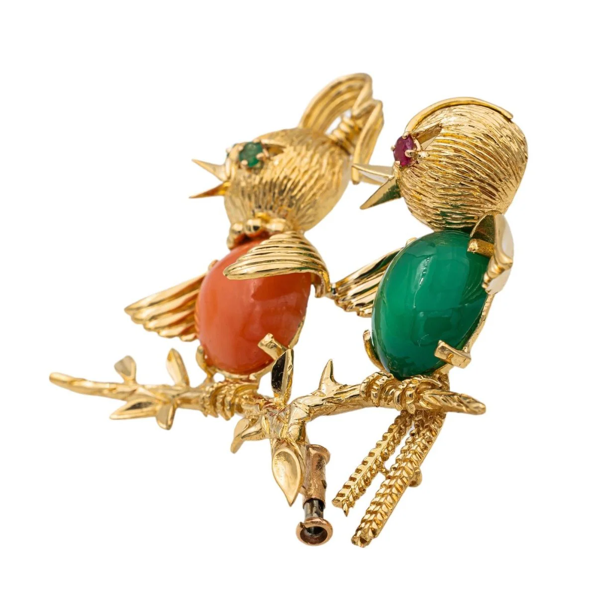 Broche Épingle Oiseaux en or jaune, émeraude, rubis, chrysoprase et corail - Image 5