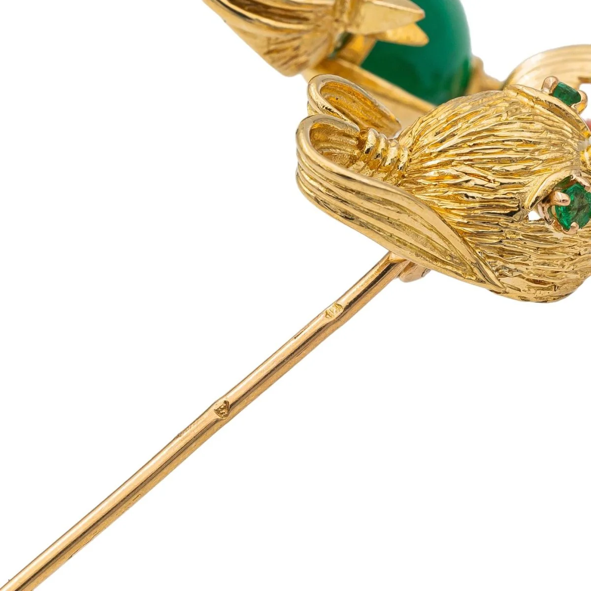 Broche Épingle Oiseaux en or jaune, émeraude, rubis, chrysoprase et corail - Image 6