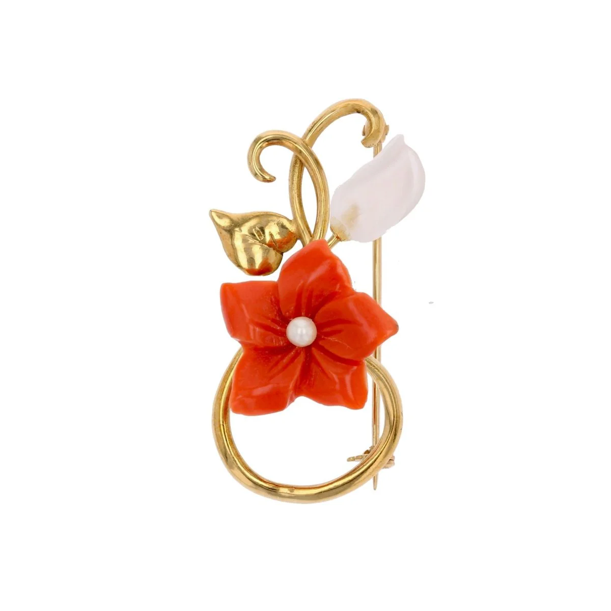 Broche Épingle en or jaune, corail, perle et cristal de roche