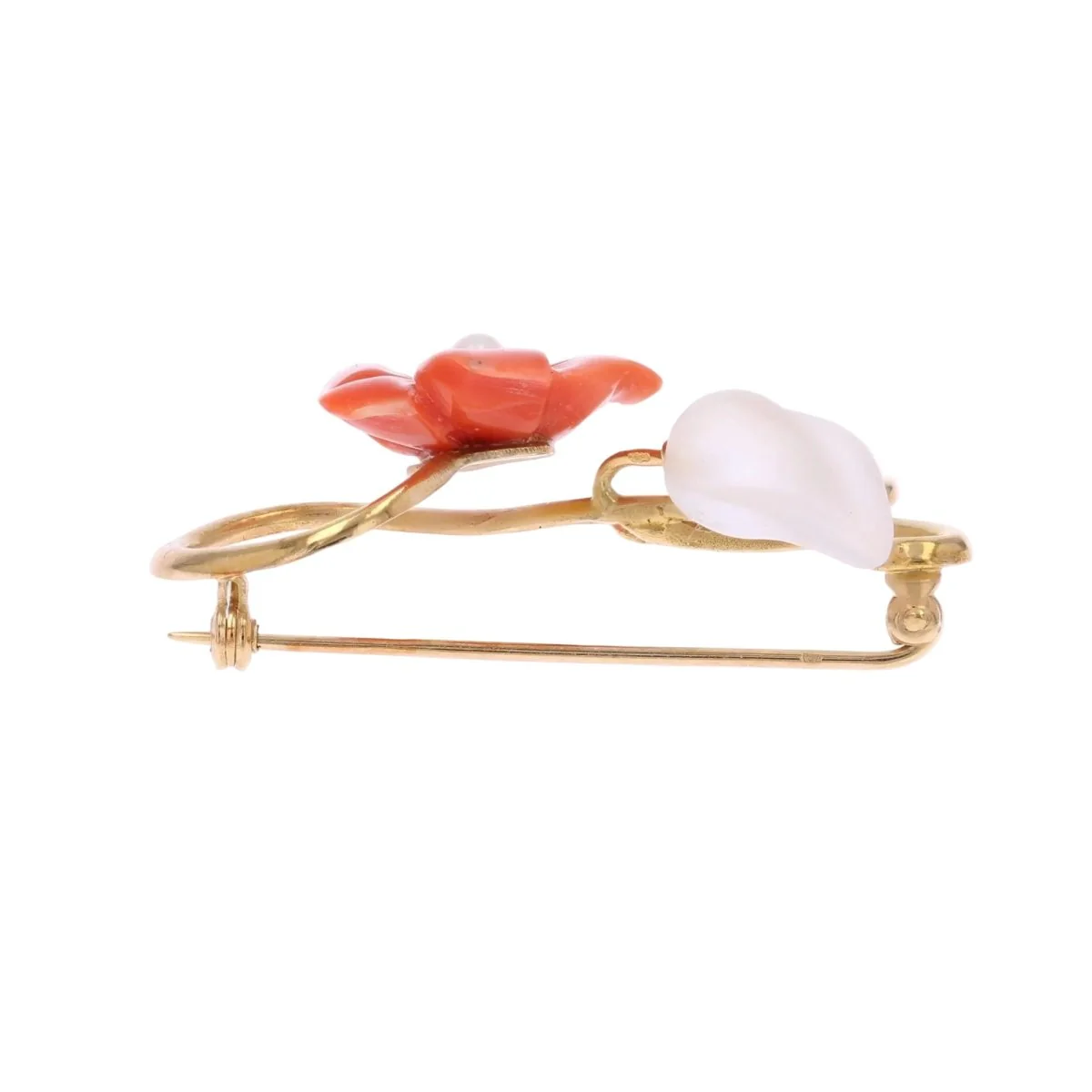 Broche Épingle en or jaune, corail, perle et cristal de roche - Image 3