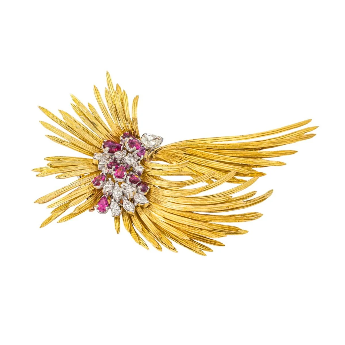 Broche Épingle en or jaune, blanc, or rose, rybis et diamants