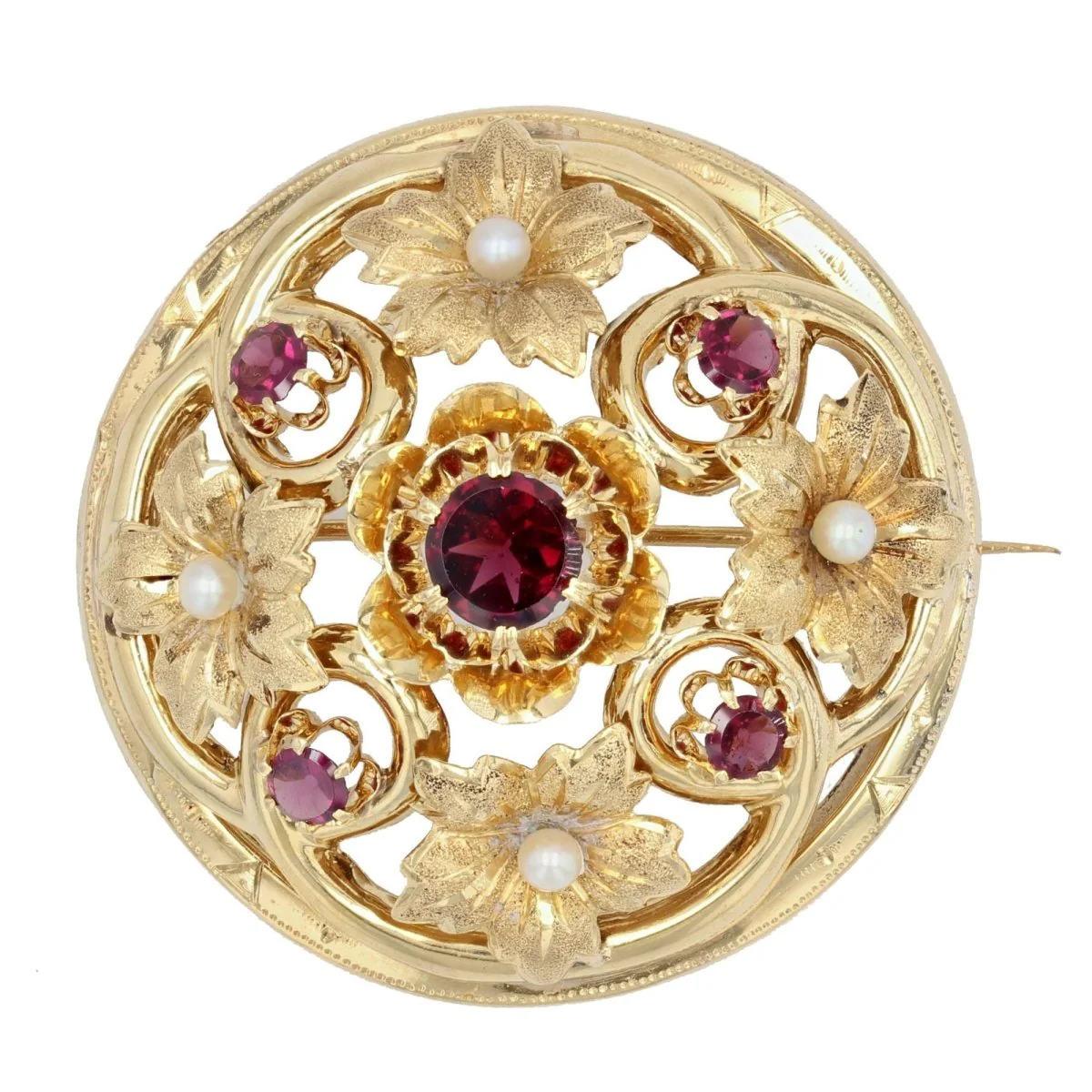 Broche Épingle en or jaune, perles et grenats