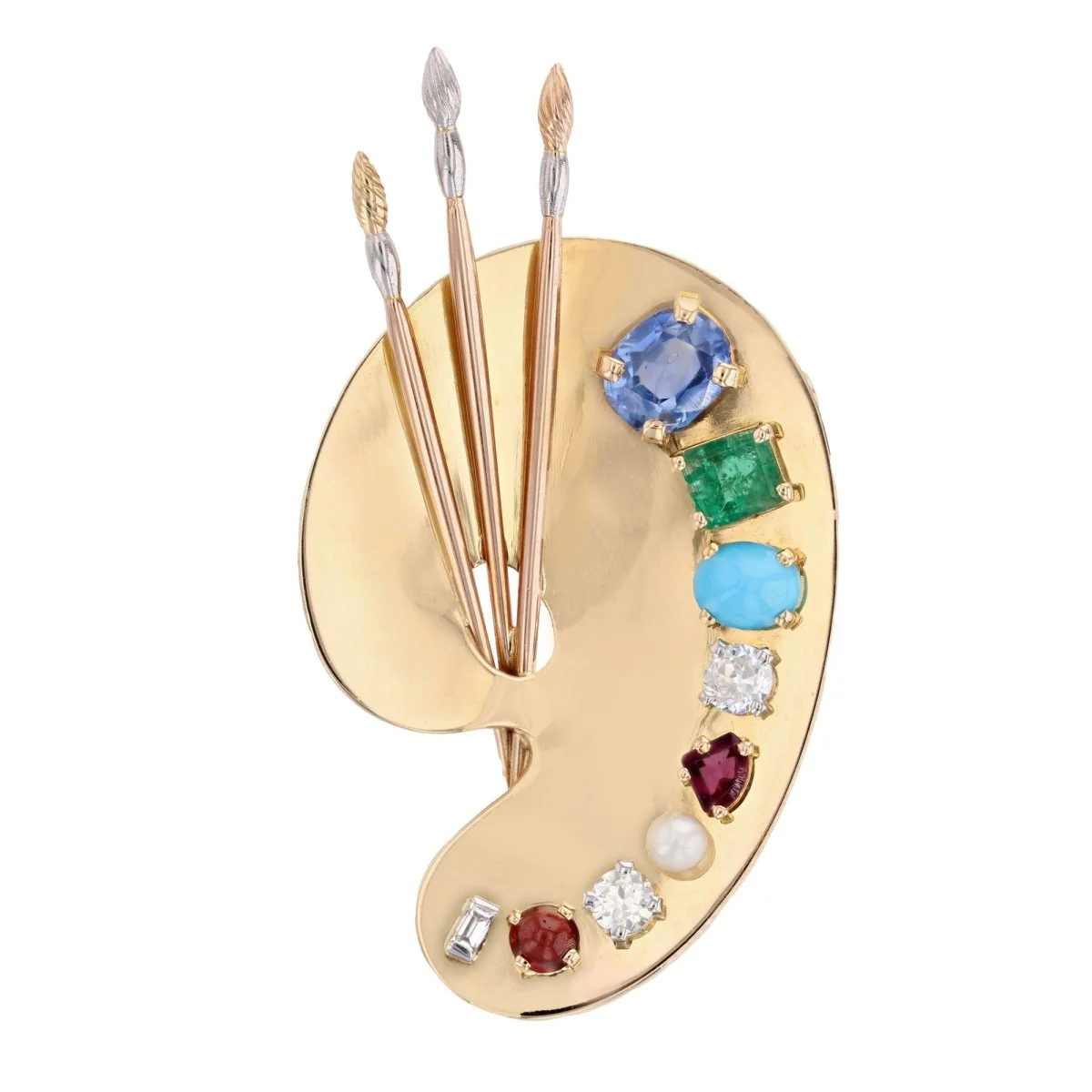 Broche Épingle en or jaune, or rose, platine, saphir, émeraude, turquoise, grenats, perle et diamants