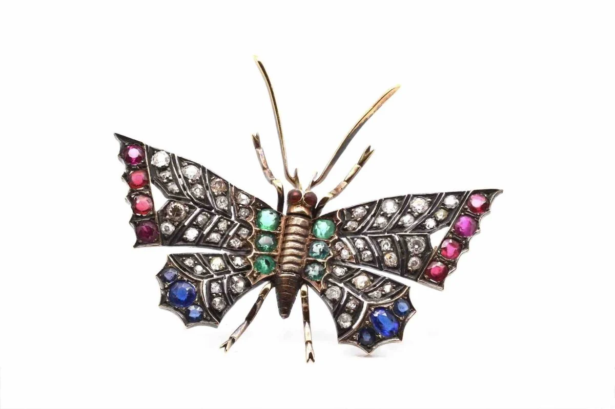 Broche Papillon 19e siècle diamants et pierres précieuses