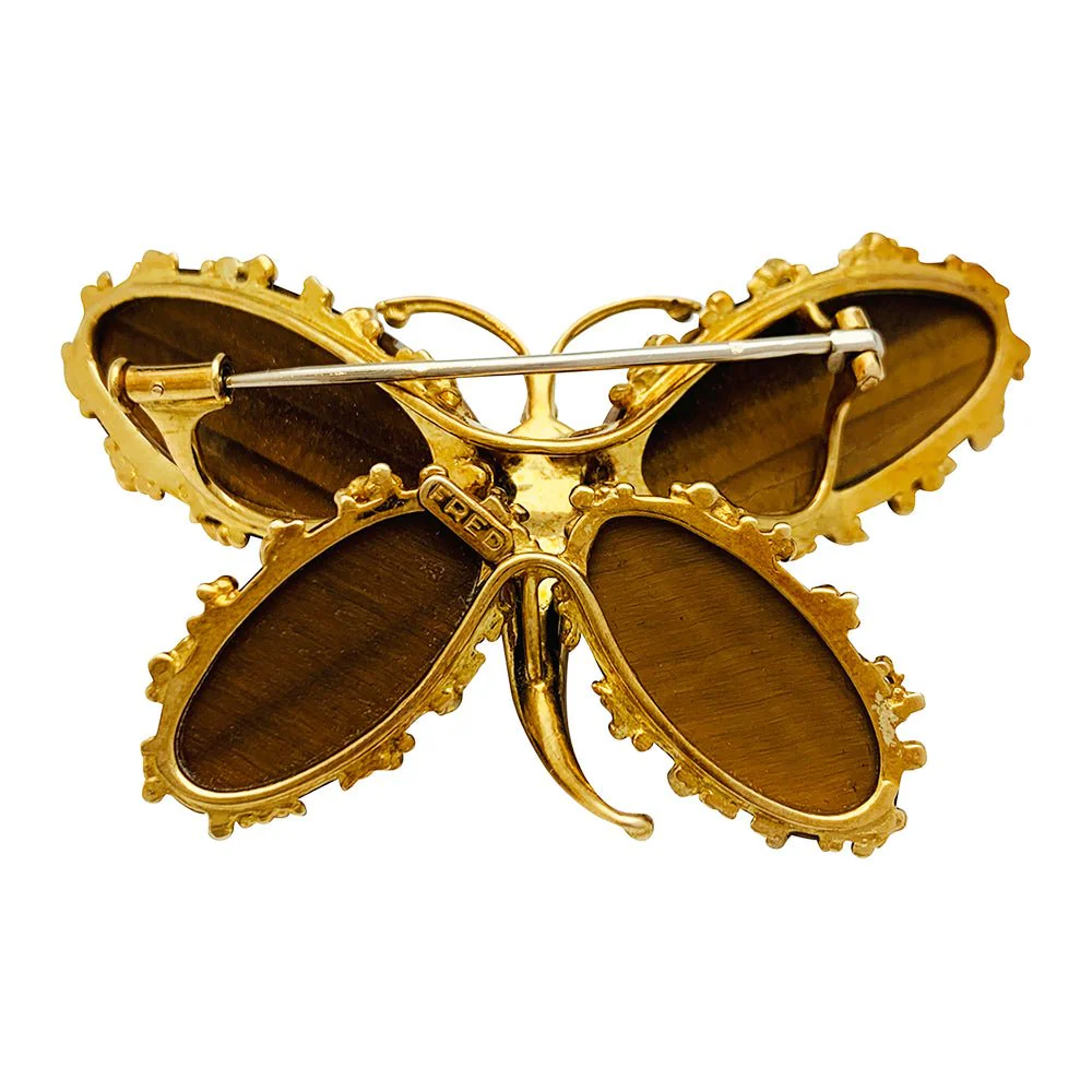 Broche Papillon FRED, or jaune, corail, diamants et oeil de tigre - Image 3