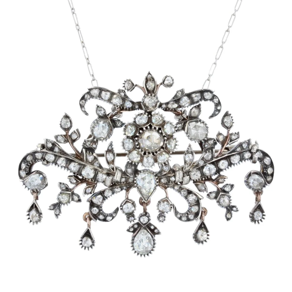 Broche Pendentif en or blanc, or rose, argent et diamants