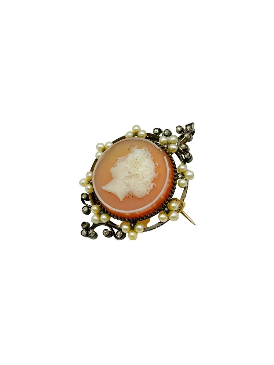 Broche/Pendentif Camée en agate, perles, diamants et or jaune - Image 2