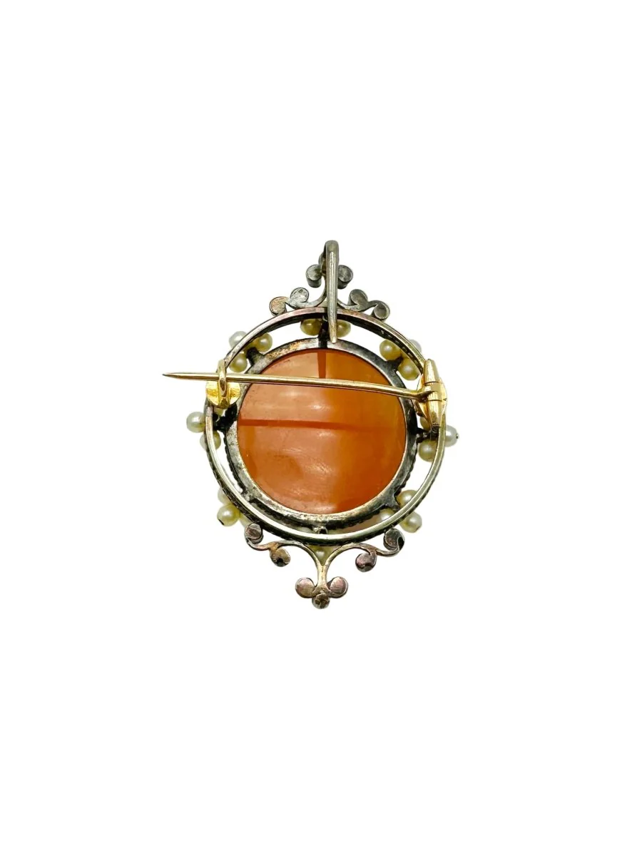 Broche/Pendentif Camée en agate, perles, diamants et or jaune - Image 3