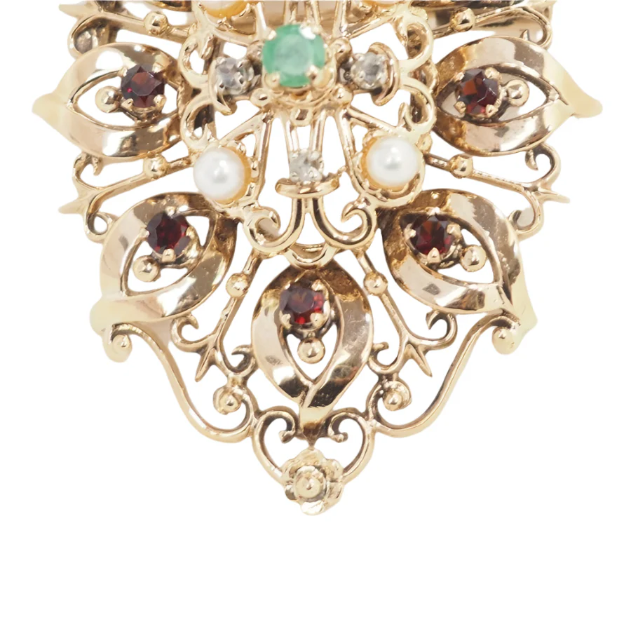 Broche pendentif en or jaune, emeraude et perles de culture - Image 2
